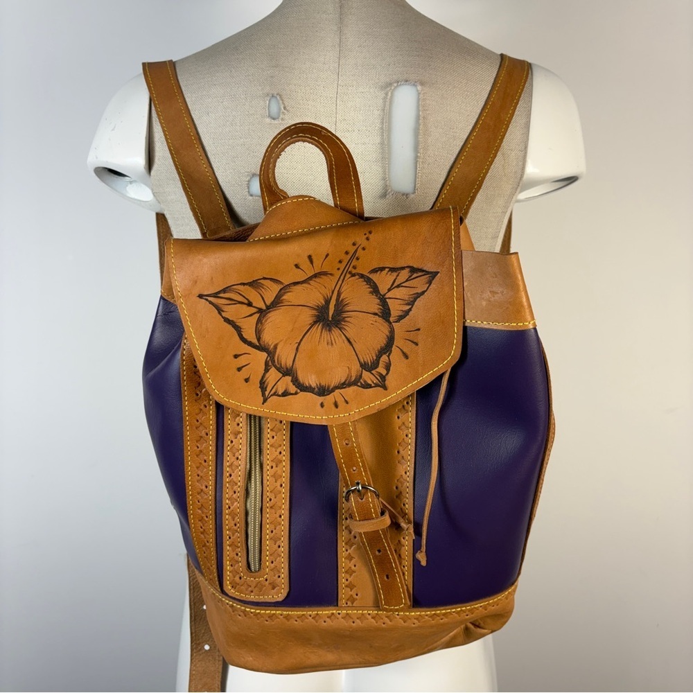 Vintage Tooled Leather Mini Backpack Purple Boho Hibiscus Floral Festival Bag